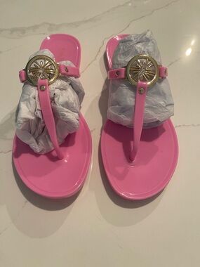 Lilly Pulitzer Jelly Thong Sandals with Gold Medallion Accent